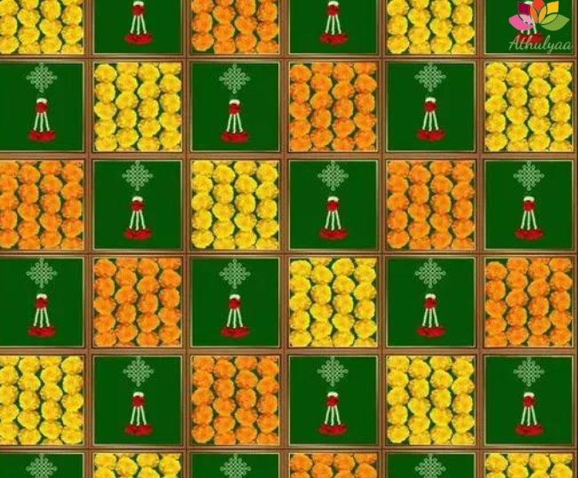 Green Backdrop Cloth With Yellow And Orange Genda Flowers 